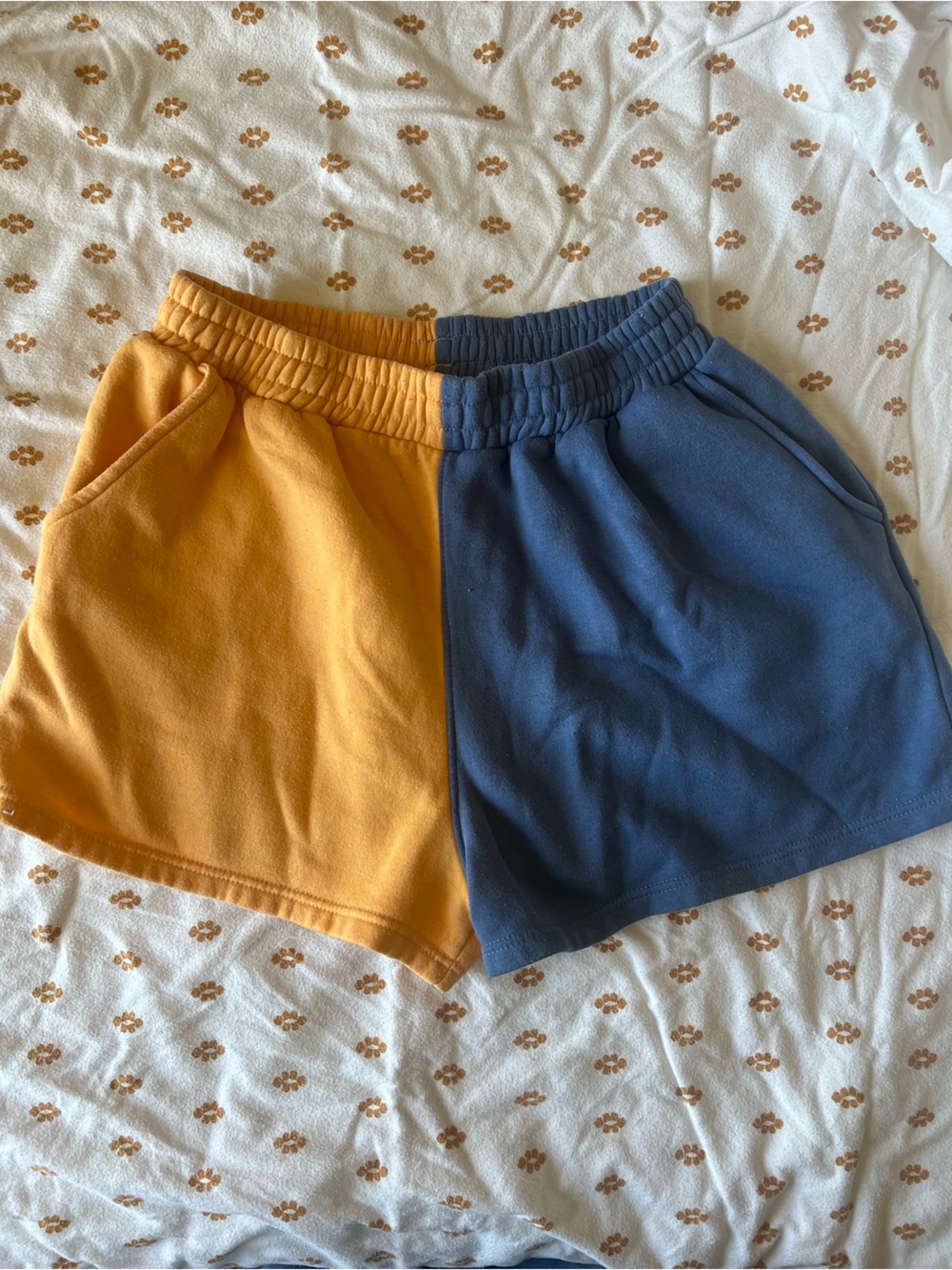 Missguided Two-Tone Elastic-Waist Shorts in Blue & Mustard